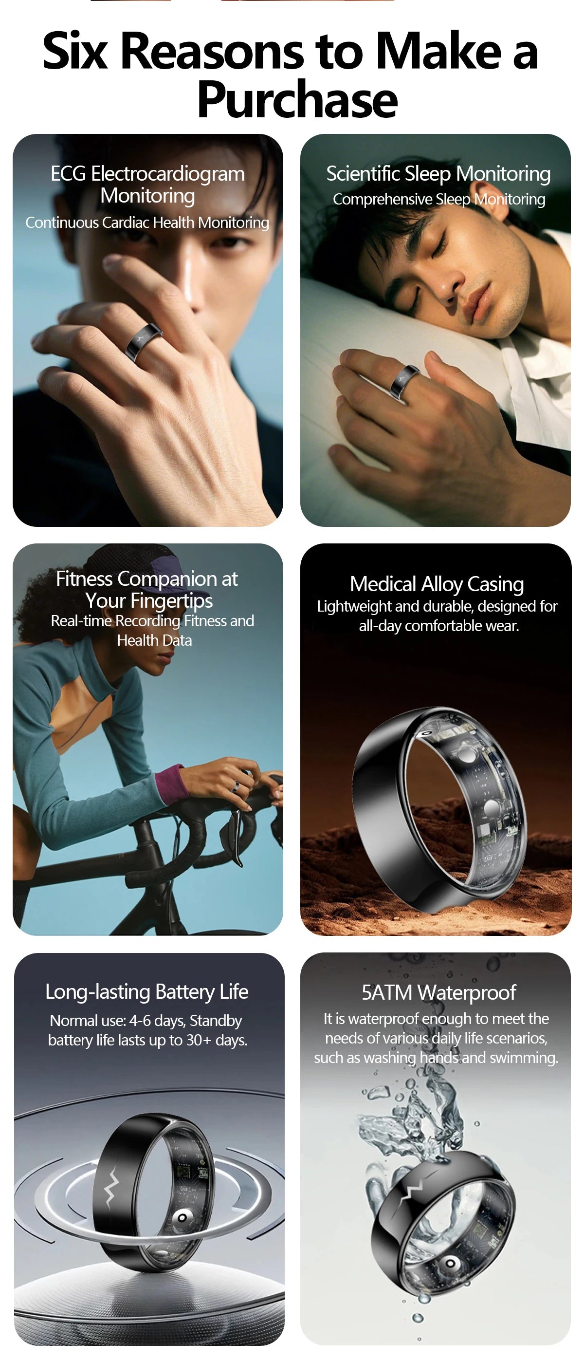 Health Smart Ring with AI ECG Detection Blood Pressure Blood Sugar & Blood Oxygen Saturation Heart Rate Monitor for Android