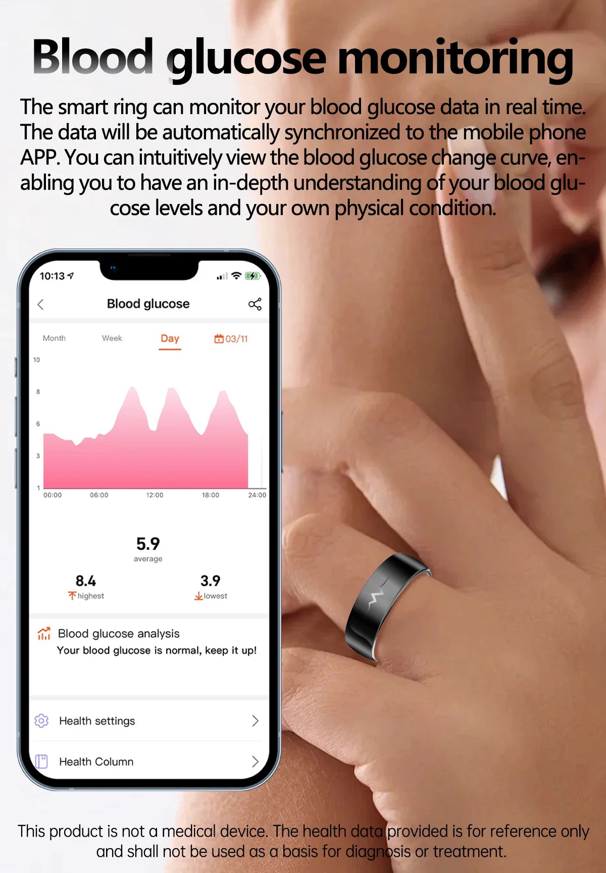 Health Smart Ring with AI ECG Detection Blood Pressure Blood Sugar & Blood Oxygen Saturation Heart Rate Monitor for Android