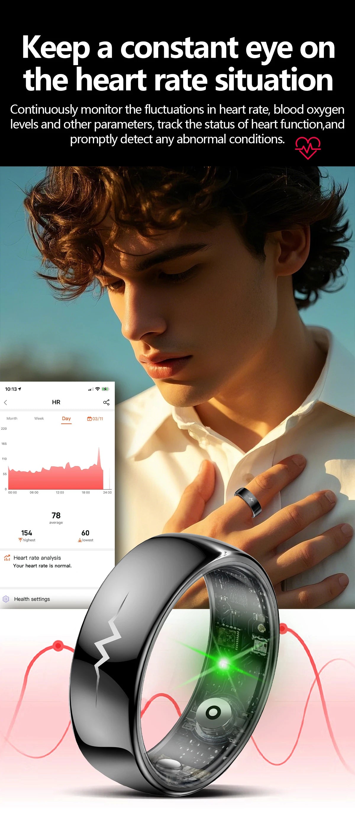 Health Smart Ring with AI ECG Detection Blood Pressure Blood Sugar & Blood Oxygen Saturation Heart Rate Monitor for Android