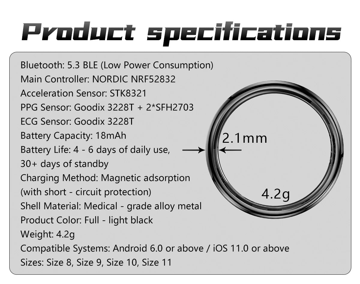 Health Smart Ring with AI ECG Detection Blood Pressure Blood Sugar & Blood Oxygen Saturation Heart Rate Monitor for Android