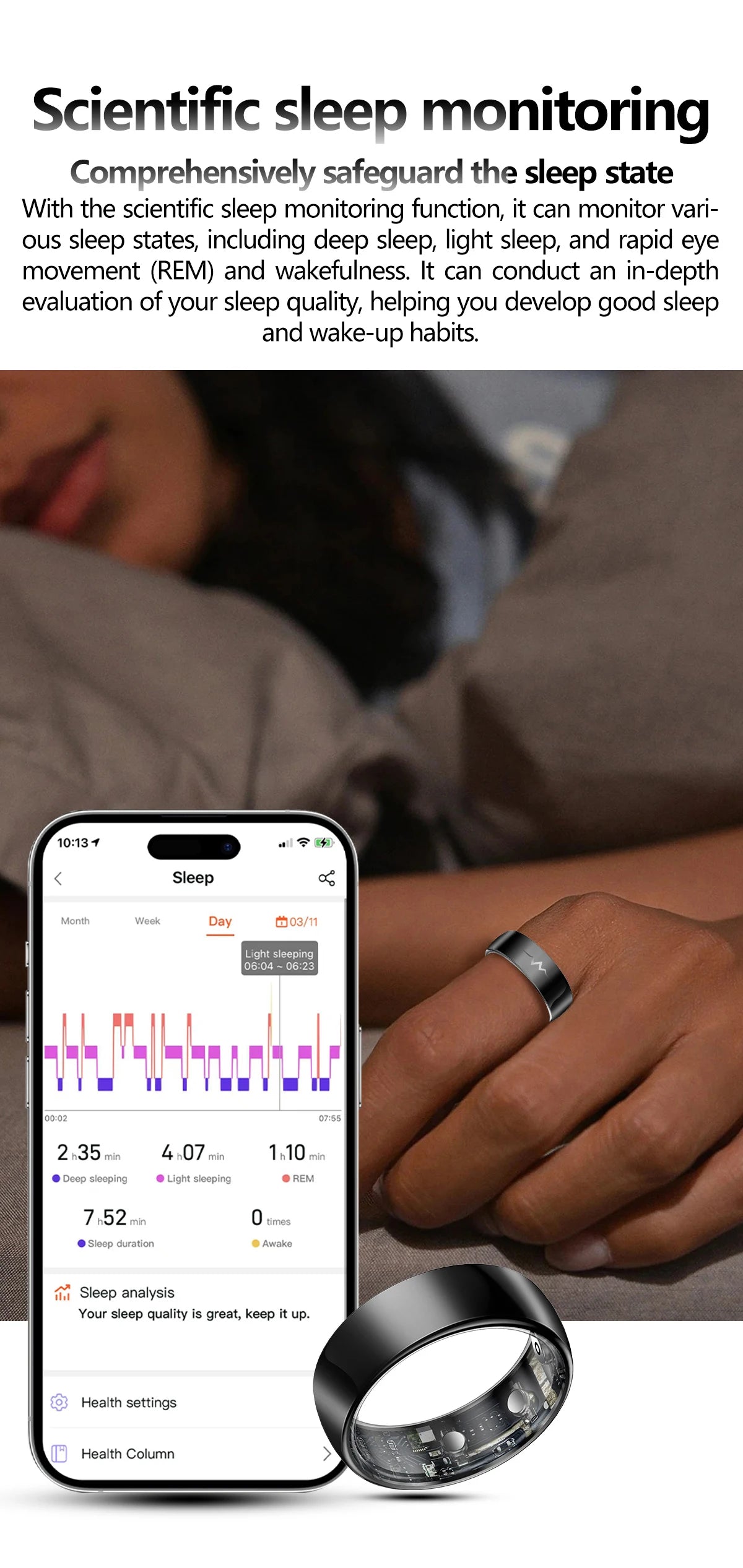 Health Smart Ring with AI ECG Detection Blood Pressure Blood Sugar & Blood Oxygen Saturation Heart Rate Monitor for Android