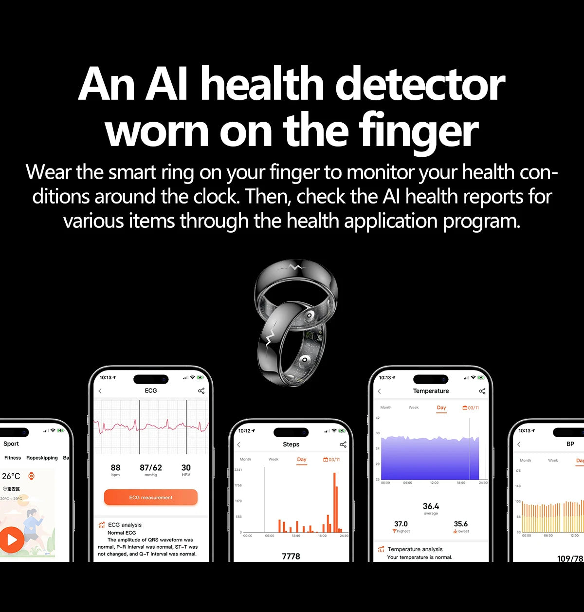 Health Smart Ring with AI ECG Detection Blood Pressure Blood Sugar & Blood Oxygen Saturation Heart Rate Monitor for Android