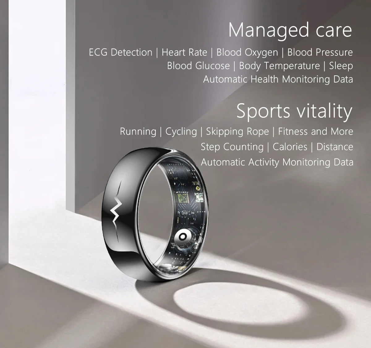 Health Smart Ring with AI ECG Detection Blood Pressure Blood Sugar & Blood Oxygen Saturation Heart Rate Monitor for Android