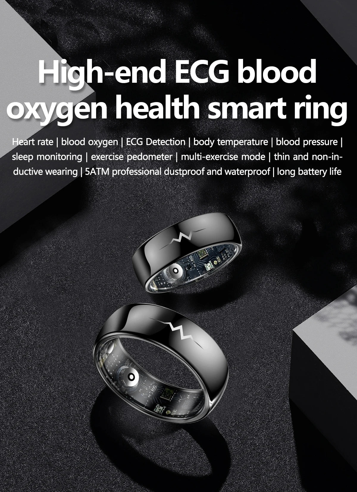 Health Smart Ring with AI ECG Detection Blood Pressure Blood Sugar & Blood Oxygen Saturation Heart Rate Monitor for Android