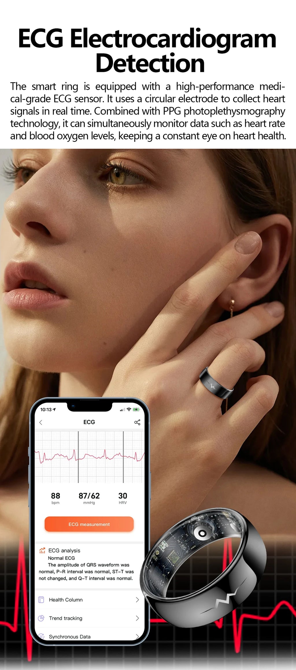 Health Smart Ring with AI ECG Detection Blood Pressure Blood Sugar & Blood Oxygen Saturation Heart Rate Monitor for Android