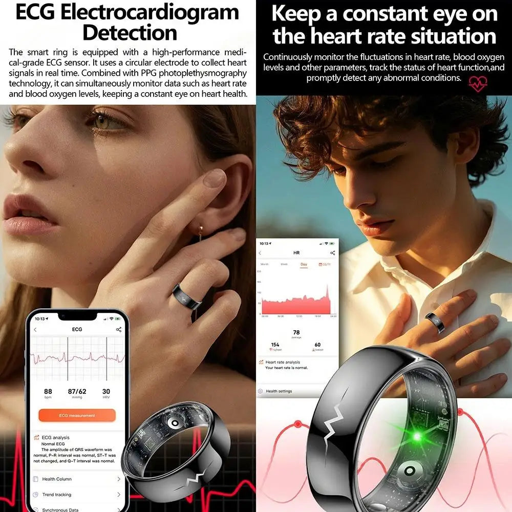 Health Smart Ring with AI ECG Detection Blood Pressure Blood Sugar & Blood Oxygen Saturation Heart Rate Monitor for Android