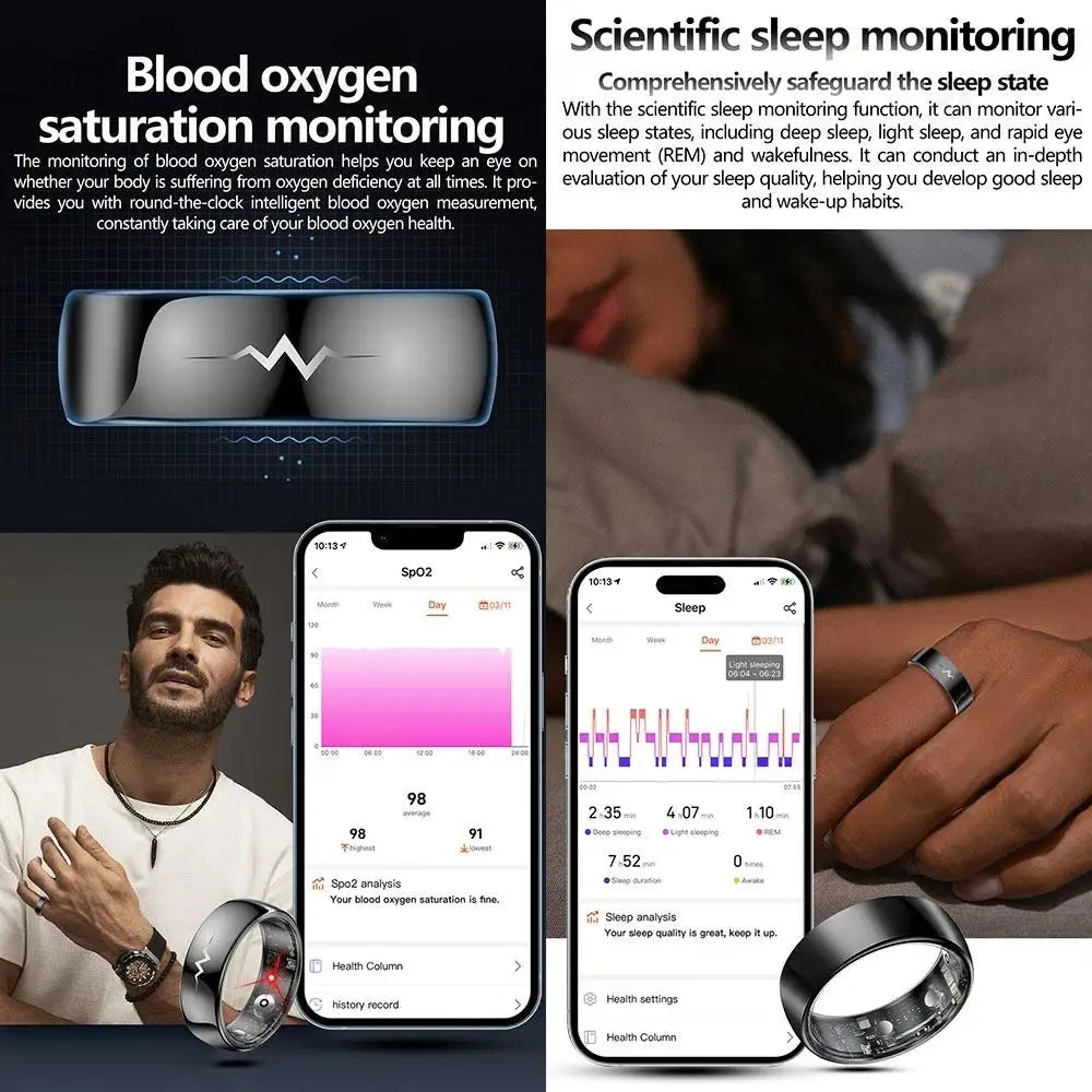 Health Smart Ring with AI ECG Detection Blood Pressure Blood Sugar & Blood Oxygen Saturation Heart Rate Monitor for Android
