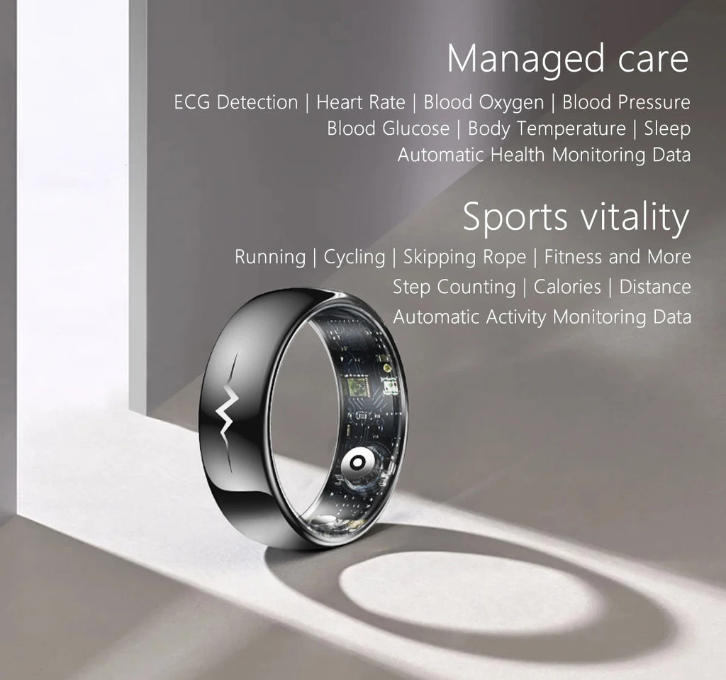 Health Smart Ring with AI ECG Detection Blood Pressure Blood Sugar & Blood Oxygen Saturation Heart Rate Monitor for Android