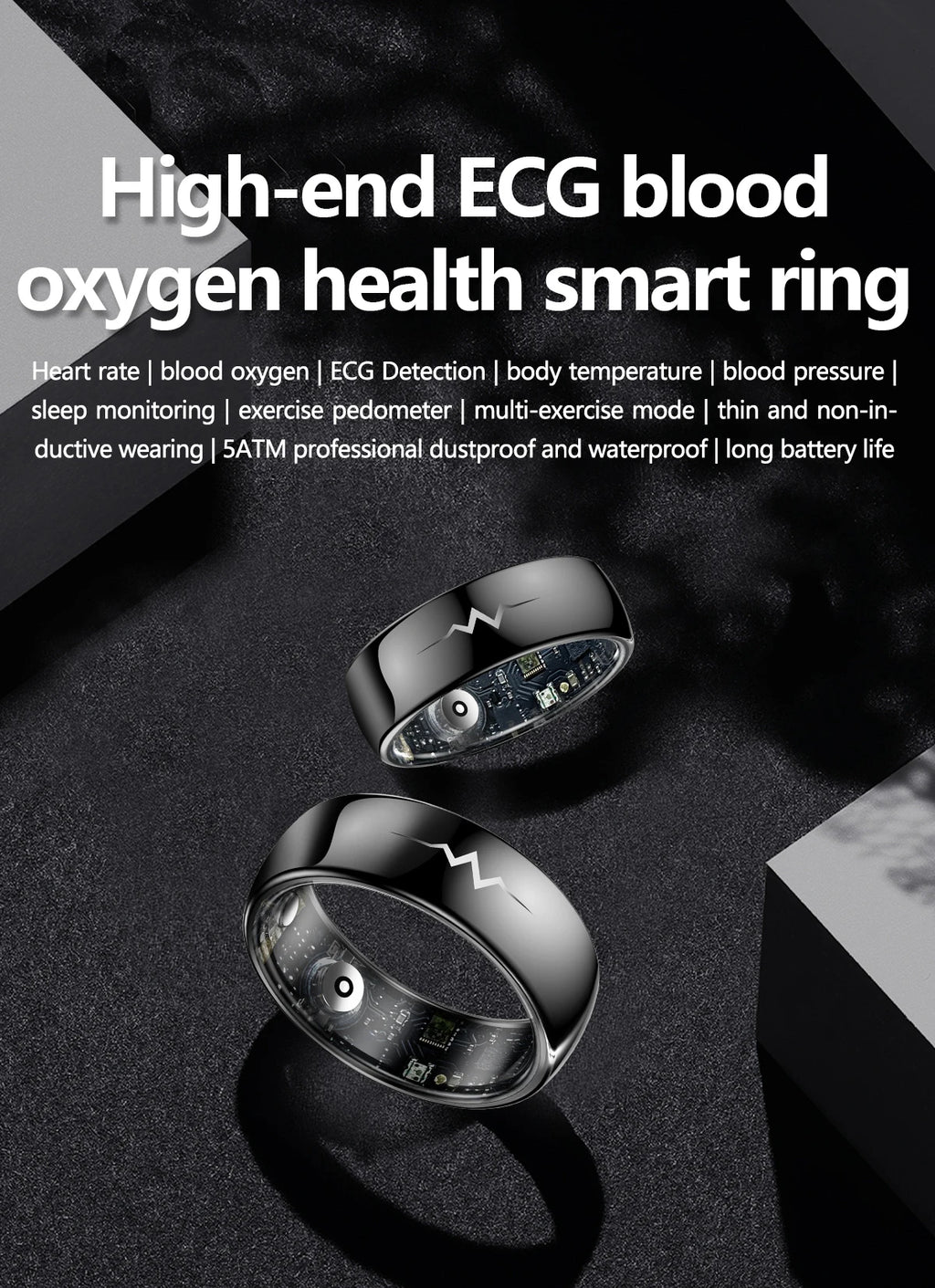 Health Smart Ring with AI ECG Detection Blood Pressure Blood Sugar & Blood Oxygen Saturation Heart Rate Monitor for Android